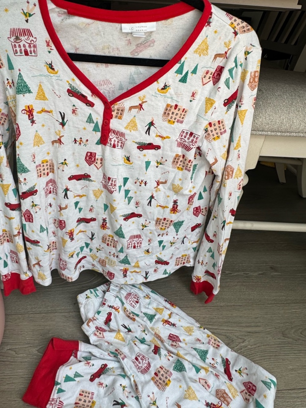 LC Lauren Conrad White Holiday Village Pajama Set with Red Trim